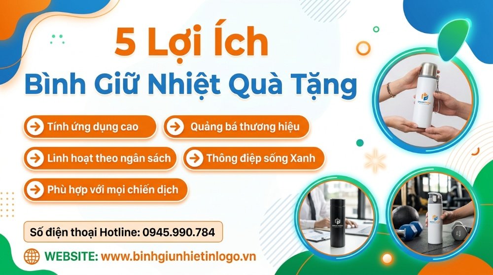 Hình ảnh đồ họa liệt kê 5 lợi ích của bình giữ nhiệt quà tặng doanh nghiệp in logo tùy chỉnh, bao gồm tính ứng dụng cao, quảng bá thương hiệu, linh hoạt theo ngân sách, truyền tải thông điệp sống xanh và phù hợp với mọi chiến dịch. Các ảnh minh họa bình giữ nhiệt được trao đổi, sử dụng trong môi trường văn phòng và tập gym.