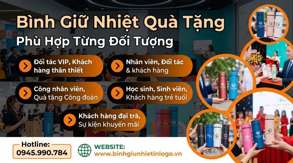 Bình giữ nhiệt quà tặng đa dạng màu sắc và kiểu dáng, được khắc logo tùy chỉnh, minh họa sự phù hợp cho các đối tượng khác nhau như đối tác VIP, nhân viên, học sinh, sinh viên và khách hàng trong các sự kiện.