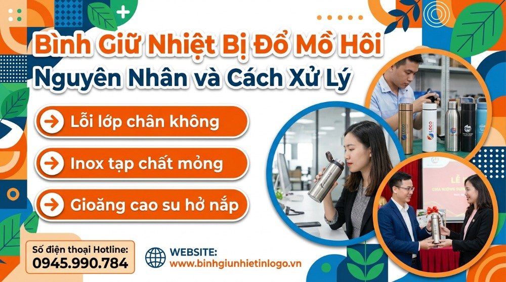 Infographic về bình giữ nhiệt bị đổ mồ hôi, liệt kê 3 nguyên nhân chính: lỗi lớp chân không, inox tạp chất mỏng, và gioăng cao su hở nắp. Hình ảnh minh họa gồm sản xuất, sử dụng và trao tặng bình giữ nhiệt in logo.