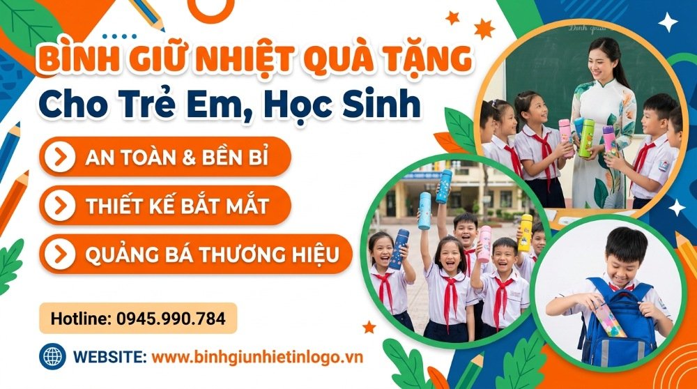 Bình giữ nhiệt quà tặng cho trẻ em và học sinh với thiết kế an toàn, bền bỉ, và màu sắc bắt mắt. Hình ảnh mô tả học sinh vui vẻ nhận và sử dụng bình giữ nhiệt tại trường học.