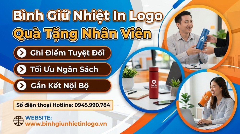 Hình ảnh banner quảng cáo bình giữ nhiệt in logo làm quà tặng nhân viên, thể hiện lợi ích ghi điểm tuyệt đối, tối ưu ngân sách và gắn kết nội bộ. Các hình ảnh nhỏ minh họa nhân viên nhận và sử dụng bình giữ nhiệt có logo công ty.