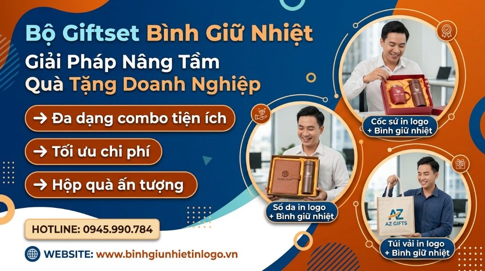 Hình ảnh quảng cáo bộ giftset bình giữ nhiệt in logo, giải pháp quà tặng doanh nghiệp cao cấp. Một người đàn ông đang giới thiệu các combo quà tặng đa dạng bao gồm bình giữ nhiệt kết hợp với cốc sứ, sổ da và túi vải, tất cả đều có in logo thương hiệu.