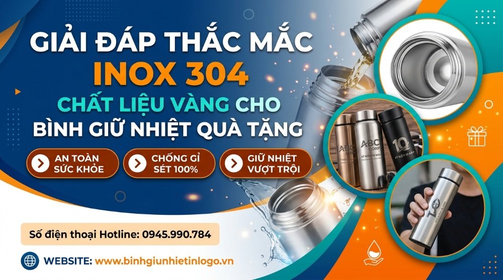 Banner quảng cáo bình giữ nhiệt Inox 304, nhấn mạnh tính an toàn sức khỏe, chống gỉ sét 100% và khả năng giữ nhiệt vượt trội. Hình ảnh minh họa các mẫu bình giữ nhiệt Inox 304 khắc logo tùy chỉnh, phù hợp làm quà tặng doanh nghiệp.