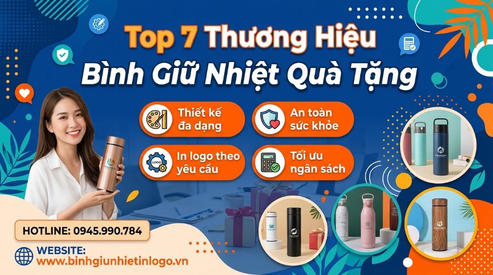 Banner quảng cáo Top 7 thương hiệu bình giữ nhiệt quà tặng với người phụ nữ mỉm cười cầm bình in logo, giới thiệu các lợi ích như thiết kế đa dạng, in logo theo yêu cầu, an toàn sức khỏe và tối ưu ngân sách.