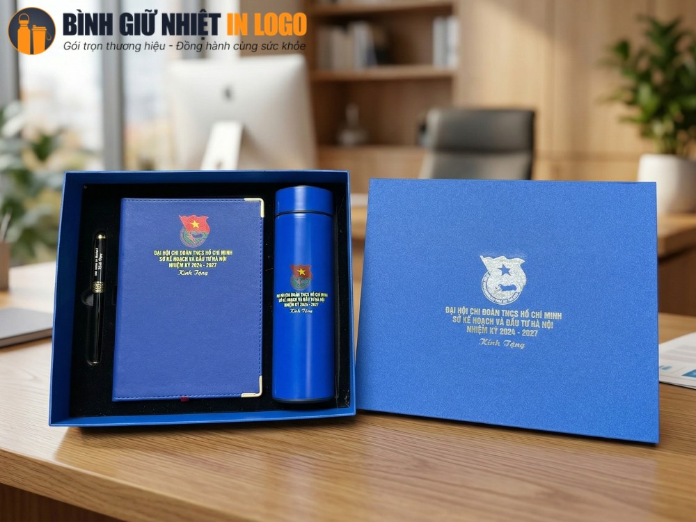 Bộ giftset quà tặng bình giữ nhiệt, sổ da, bút ký