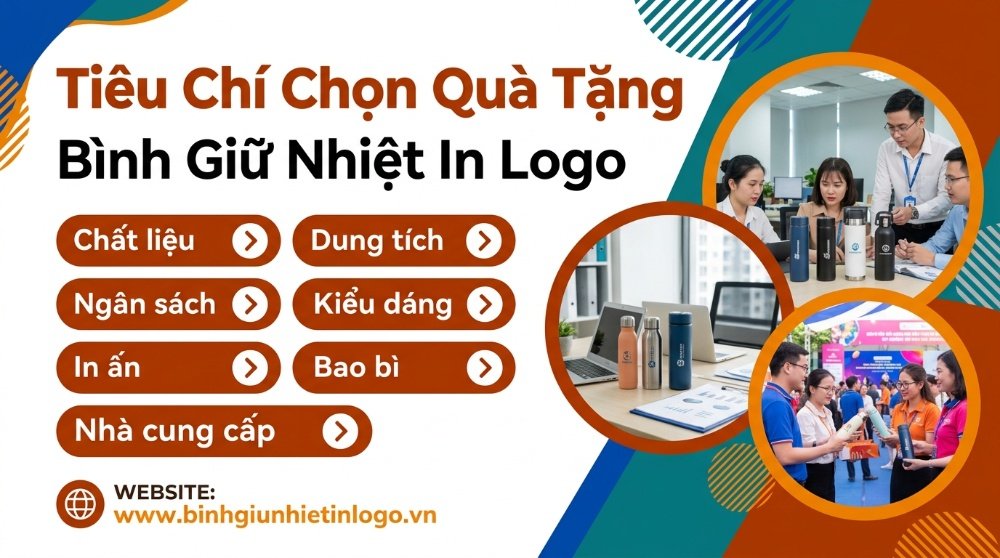 Hình ảnh infographic minh họa các tiêu chí chọn bình giữ nhiệt in logo làm quà tặng doanh nghiệp, bao gồm chất liệu, dung tích, kiểu dáng, in ấn, bao bì và nhà cung cấp, kèm theo các cảnh thực tế về sử dụng bình tại văn phòng và sự kiện.