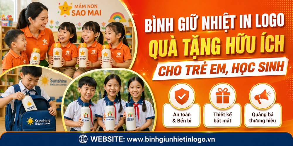 Bình giữ nhiệt quà tặng cho trẻ em và học sinh với thiết kế an toàn, bền bỉ, và màu sắc bắt mắt. Hình ảnh mô tả học sinh vui vẻ nhận và sử dụng bình giữ nhiệt tại trường học.