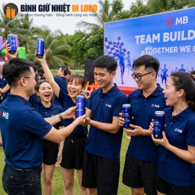 Nhóm nhân viên MB hào hứng nâng cao chiếc bình giữ nhiệt dáng lon thể thao trong hoạt động teambuilding ngoài trời