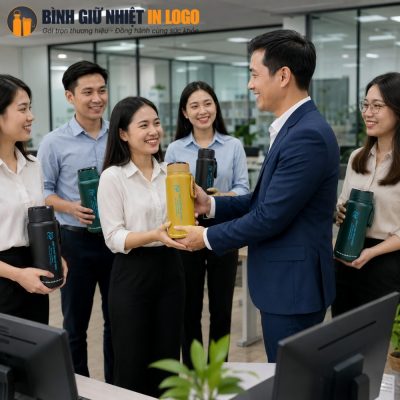 Nhóm nhân viên văn phòng Việt Nam hân hoan nhận bình giữ nhiệt GN-BN08 nhiều màu sắc từ cấp trên