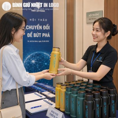 Nhân viên ban tổ chức trao tặng bình giữ nhiệt GN-BN08 cho khách mời tại khu vực check-in hội thảo
