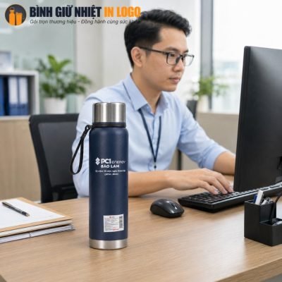 Bình giữ nhiệt Elmich màu xanh navy đặt trên bàn làm việc của nhân viên văn phòng