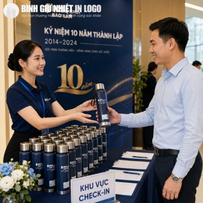 Quà tặng bình giữ nhiệt Elmich được trao tặng trang trọng tại khu vực check-in sự kiện kỷ niệm 10 năm thành lập