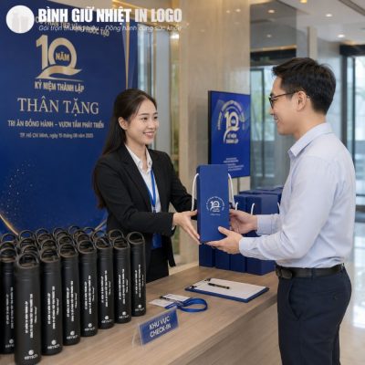Đại diện doanh nghiệp trao tặng bộ quà tặng bình giữ nhiệt Elmich cao cấp cho khách hàng tại lễ kỷ niệm