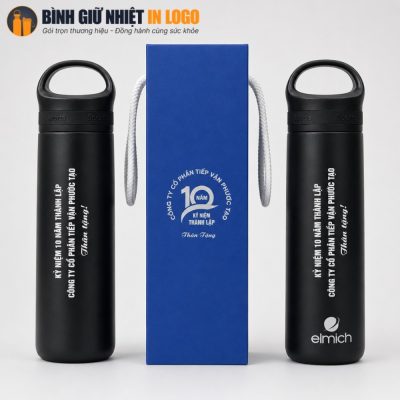 Bộ sản phẩm bình giữ nhiệt Elmich GN-BN09 và hộp quà xi xanh dương sang trọng in logo đồng bộ