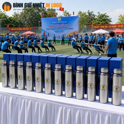Hàng loạt bình giữ nhiệt GN-BN19 in logo Công đoàn Việt Nam được trưng bày tại ngày hội kéo co