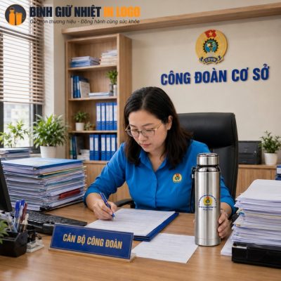 Nữ cán bộ công đoàn sử dụng bình giữ nhiệt GN-BN19 ngay tại bàn làm việc văn phòng