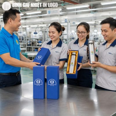Cán bộ công đoàn trao tặng bình giữ nhiệt GN-BN19 và hộp quà lót lụa cho tập thể công nhân tại nhà xưởng
