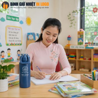 Giáo viên sử dụng bình giữ nhiệt GN-BN25 màu xanh dương tại bàn làm việc lớp học mầm non