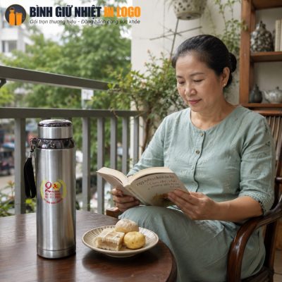 Người phụ nữ trung niên sử dụng bình giữ nhiệt inox in logo khi ngồi đọc sách thư giãn tại ban công