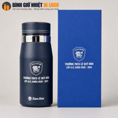 Set quà tặng bình giữ nhiệt Rạng Đông đồng bộ sắc xanh navy với hộp xi in logo sắc nét