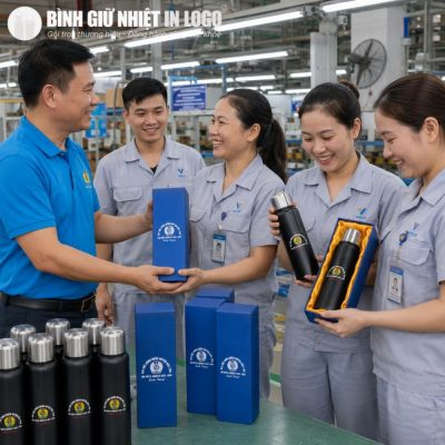 Ban chấp hành công đoàn trao tặng bình giữ nhiệt cho đoàn viên tại nhà máy