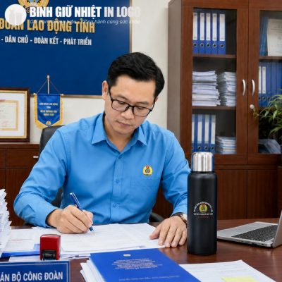 Cán bộ công đoàn sử dụng bình giữ nhiệt màu đen ngay tại bàn làm việc