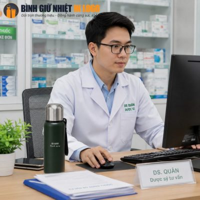Dược sĩ sử dụng bình giữ nhiệt GN-BN22 ngay tại bàn làm việc để giữ ấm nước uống hằng ngày