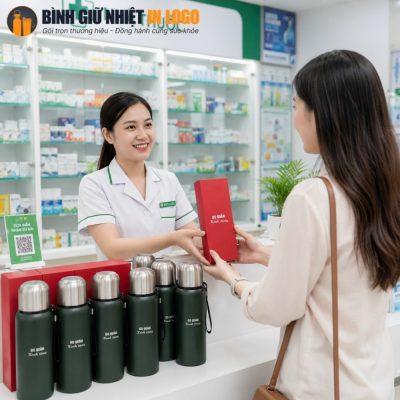 Nữ dược sĩ tại quầy thuốc trao tặng hộp quà bình giữ nhiệt GN-BN22 cho khách hàng thân thiết
