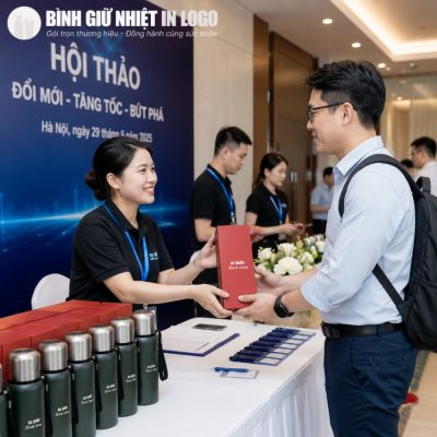 Khách mời hào hứng nhận phần quà bình giữ nhiệt in logo tại bàn đón tiếp của hội thảo doanh nghiệp