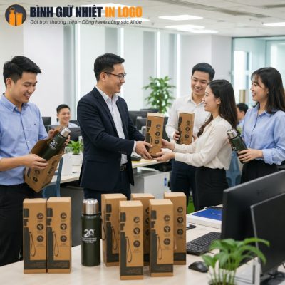 Ban lãnh đạo doanh nghiệp trao tặng bình giữ nhiệt cho nhân viên ngay tại văn phòng làm việc