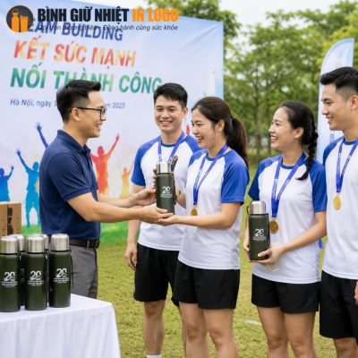 Trao tặng bình giữ nhiệt in logo cho các thành viên đạt thành tích xuất sắc trong ngày hội team building