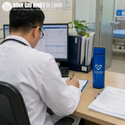 Bác sĩ sử dụng bình giữ nhiệt GN-BN28 tiện lợi ngay tại bàn làm việc