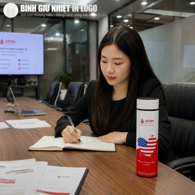 Khách hàng sử dụng bình giữ nhiệt màu trắng in thông điệp American Dream tại không gian văn phòng làm việc chuyên nghiệp