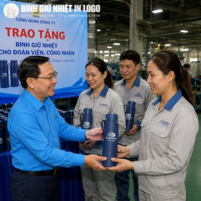 Đại diện công đoàn trao tặng bình giữ nhiệt xanh navy cho công nhân viên tại nhà máy Shin Heung Vina