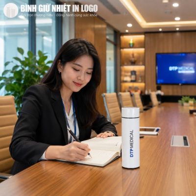 Bình giữ nhiệt GN-BN26 màu trắng đặt gọn gàng trên bàn họp bên cạnh sổ ghi chép của nhân viên công sở