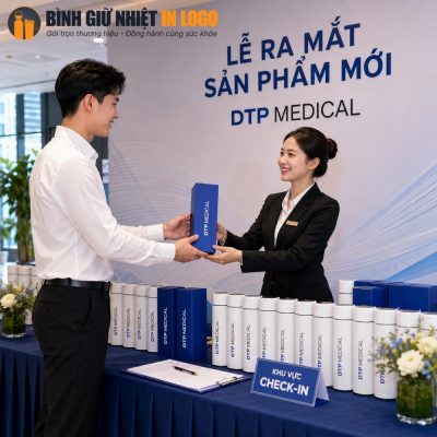 Khách hàng nhận hộp quà tặng bình giữ nhiệt tại bàn check-in sự kiện ra mắt sản phẩm mới của DTP Medical