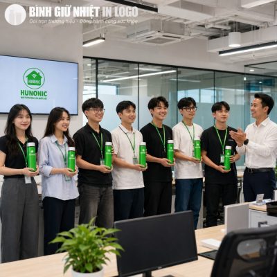 Tập thể nhân viên văn phòng hào hứng đón nhận bình giữ nhiệt đồng bộ nhận diện thương hiệu