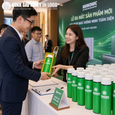 Đại diện doanh nghiệp trao tặng bình giữ nhiệt in logo Hunonic cho khách hàng tại lễ ra mắt sản phẩm mới