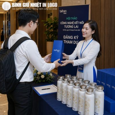 Nữ lễ tân trong tà áo dài trắng trao tặng hộp quà chứa bình giữ nhiệt GN-BN29 cho khách tham dự tại bàn đăng ký hội thảo Taihan Vina