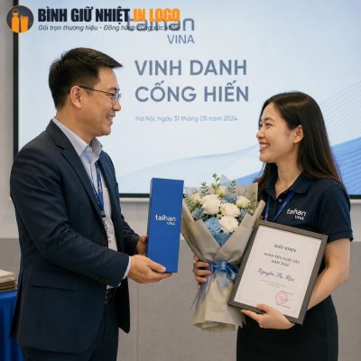 Đại diện doanh nghiệp trao tặng hộp quà bình giữ nhiệt GN-BN29 cùng hoa và bằng khen vinh danh nhân viên xuất sắc