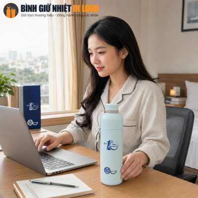 Nữ quản lý người Việt trong trang phục công sở làm việc bên máy tính với chiếc bình giữ nhiệt Lock&Lock tiện dụng
