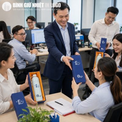 Ban lãnh đạo công ty trao tặng bộ quà tặng bình giữ nhiệt Lock&Lock in logo cho các phòng ban xuất sắc