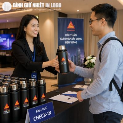 Đại diện ban tổ chức trao tặng bình giữ nhiệt in logo Sika cho đối tác tại khu vực check-in sự kiện