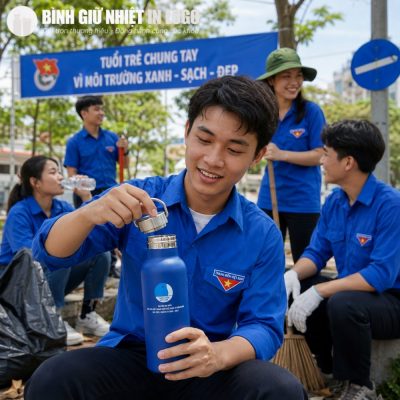 Thành viên Đoàn Thanh niên sử dụng bình giữ nhiệt GN-BN20 tiện lợi trong các hoạt động tình nguyện ngoài trời