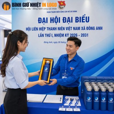 Đại biểu hào hứng nhận bộ bình giữ nhiệt GN-BN20 được đóng hộp trang trọng ngay tại bàn đón tiếp đại hội