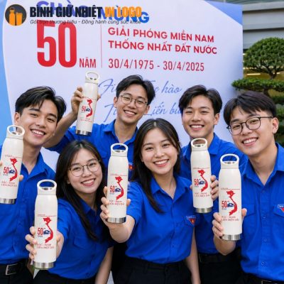 Đoàn viên thanh niên Việt Nam trong trang phục áo xanh tình nguyện tự hào cầm trên tay chiếc bình giữ nhiệt in logo kỷ niệm 50 năm ngày Thống nhất đất nước