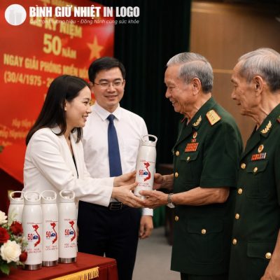 Đại diện ban tổ chức trang trọng trao tặng chiếc bình nước in bản đồ Tổ quốc cho cựu chiến binh Việt Nam trong buổi lễ tri ân