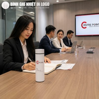 Nữ nhân viên văn phòng Việt Nam sử dụng bình giữ nhiệt màu trắng in logo Centre Point tại bàn làm việc