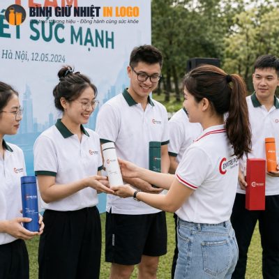 Tập thể nhân viên trong trang phục polo trắng hào hứng trao nhận những chiếc bình giữ nhiệt in logo tại sự kiện ngoài trời