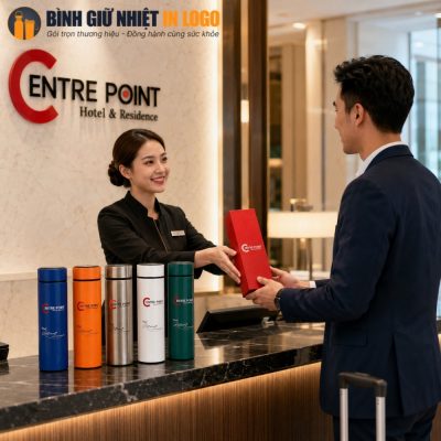 Nữ lễ tân khách sạn Centre Point trao tặng hộp quà màu đỏ sang trọng chứa bình giữ nhiệt cho khách hàng nam
